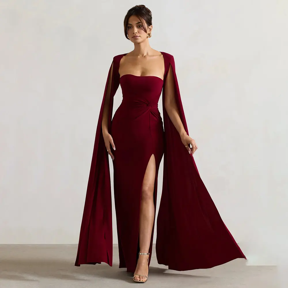 Square Collar Floor Length Long Sleeved High Slit Solid Color Sexy Dress