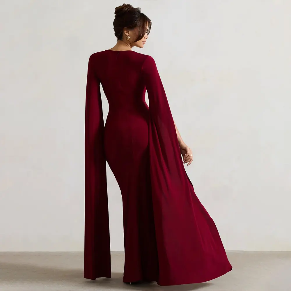 Square Collar Floor Length Long Sleeved High Slit Solid Color Sexy Dress