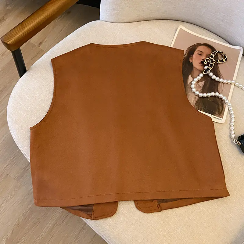 French Retro Brown Suede V-neck Flower Nail Bead Vest Women's Slimming Short Vest