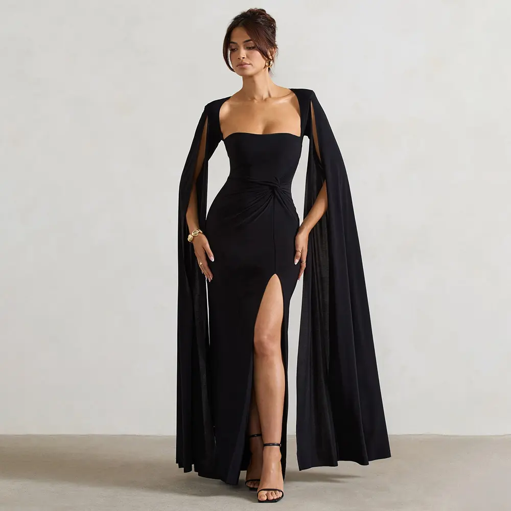 Square Collar Floor Length Long Sleeved High Slit Solid Color Sexy Dress