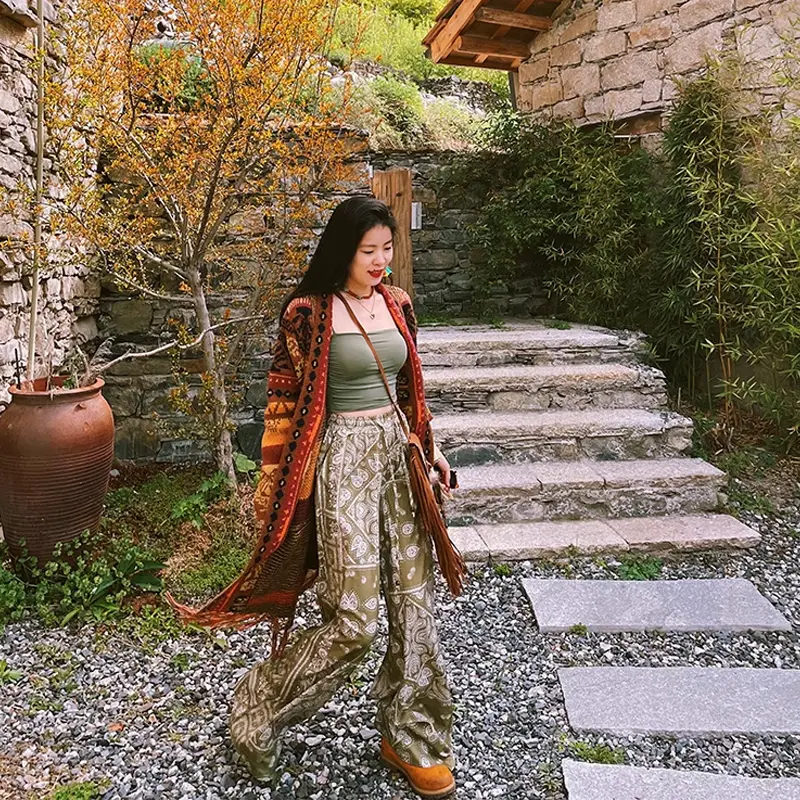 National Style Paisley Printed Straight Leg Casual Pants Women's Summer Thin Vintage Draping Beach Pants
