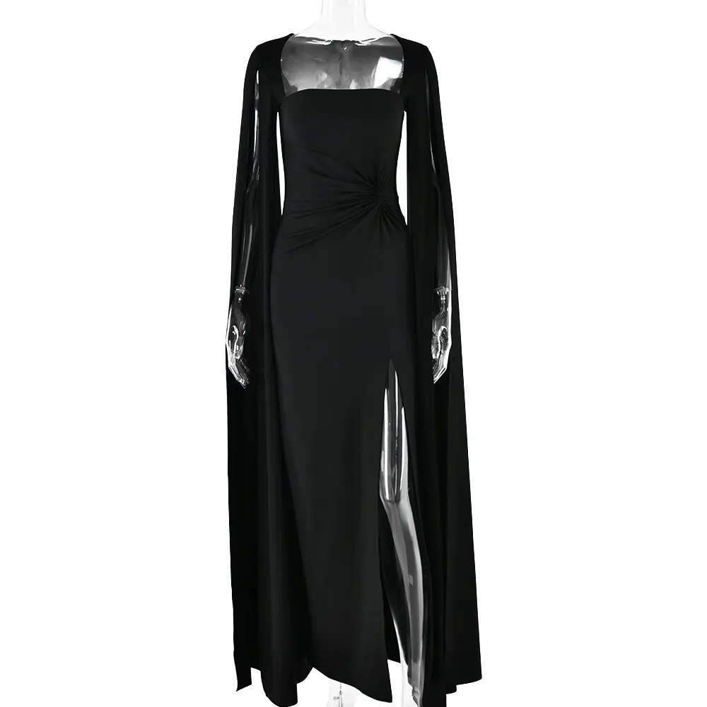 Square Collar Floor Length Long Sleeved High Slit Solid Color Sexy Dress