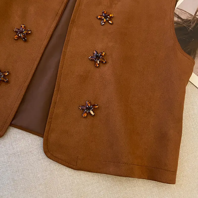 French Retro Brown Suede V-neck Flower Nail Bead Vest Women's Slimming Short Vest
