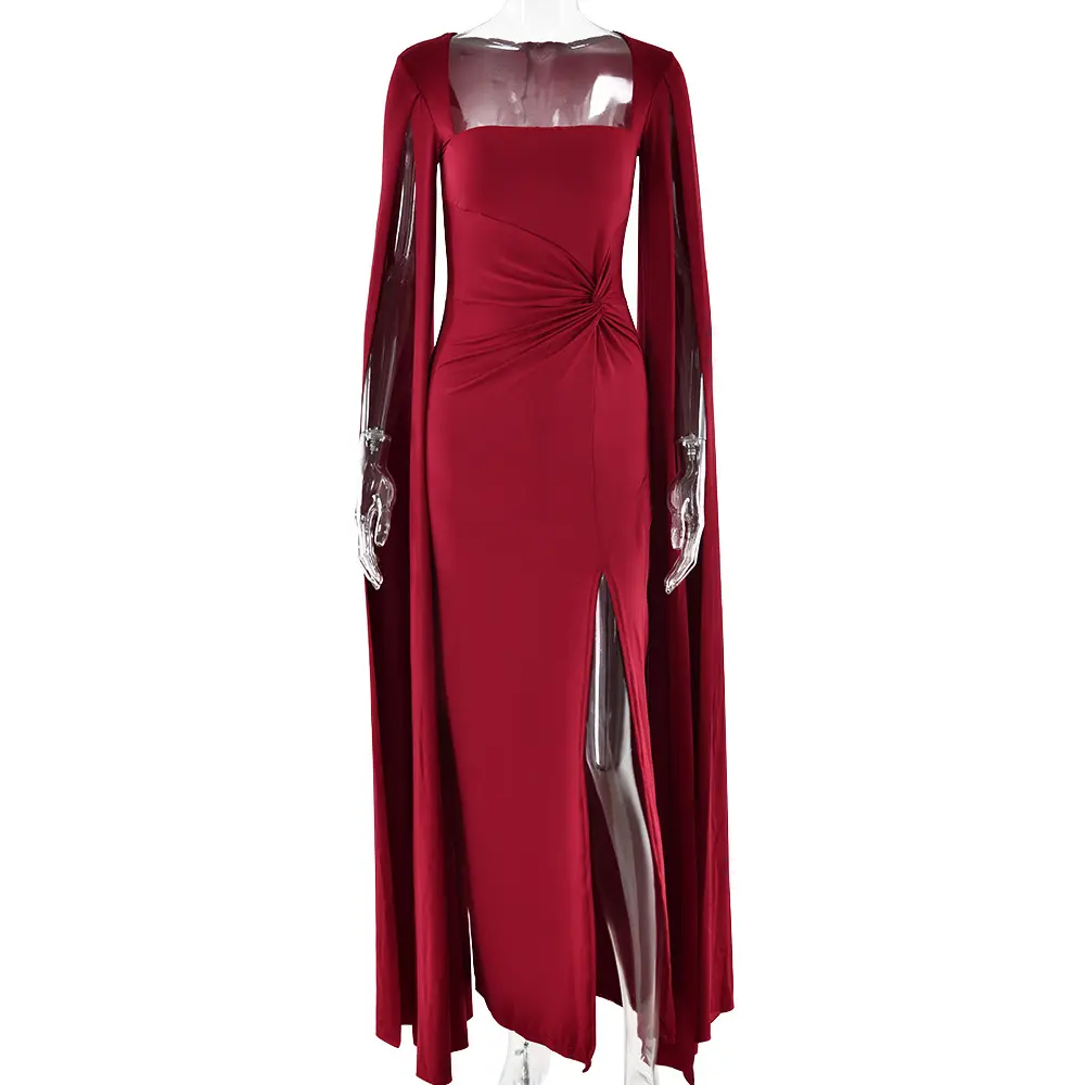 Square Collar Floor Length Long Sleeved High Slit Solid Color Sexy Dress