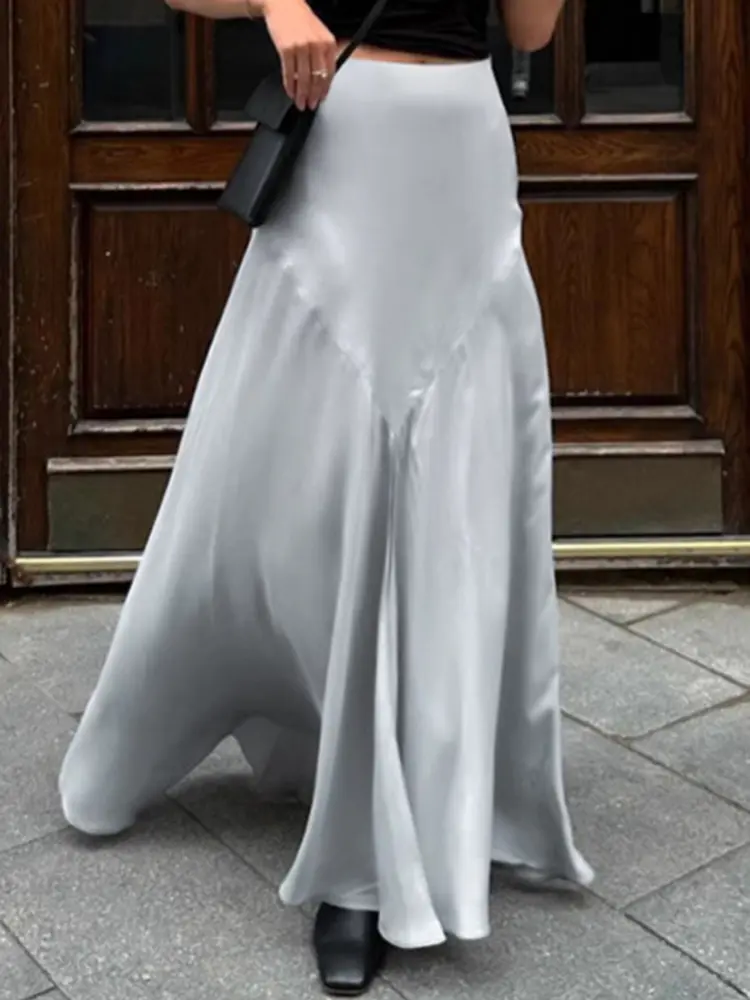 Satin Complexion Temperament Split Fork half Skirt Autumn and Winter Fashion A-line Long Skirt for Women