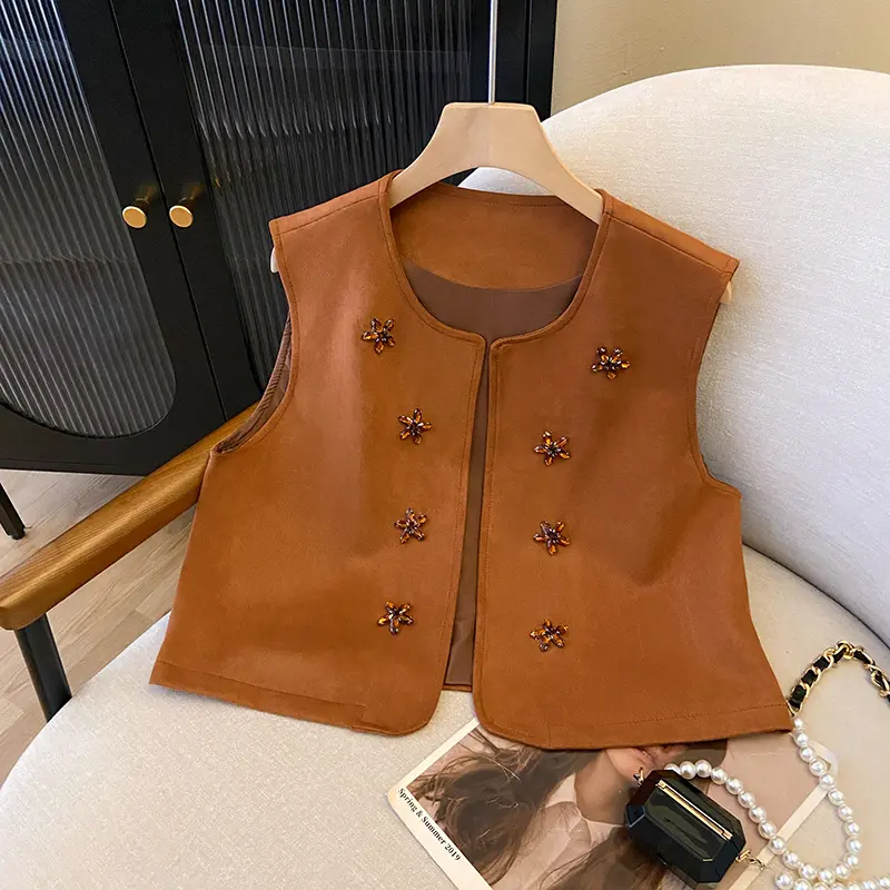 French Retro Brown Suede V-neck Flower Nail Bead Vest Women's Slimming Short Vest