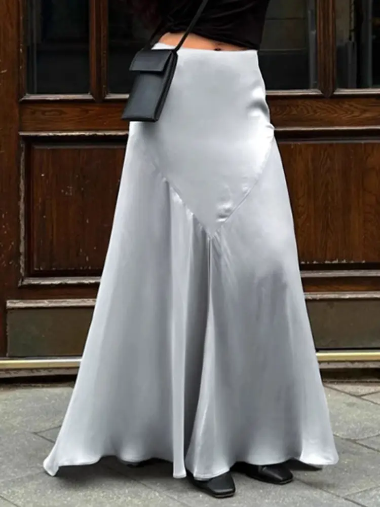 Satin Complexion Temperament Split Fork half Skirt Autumn and Winter Fashion A-line Long Skirt for Women