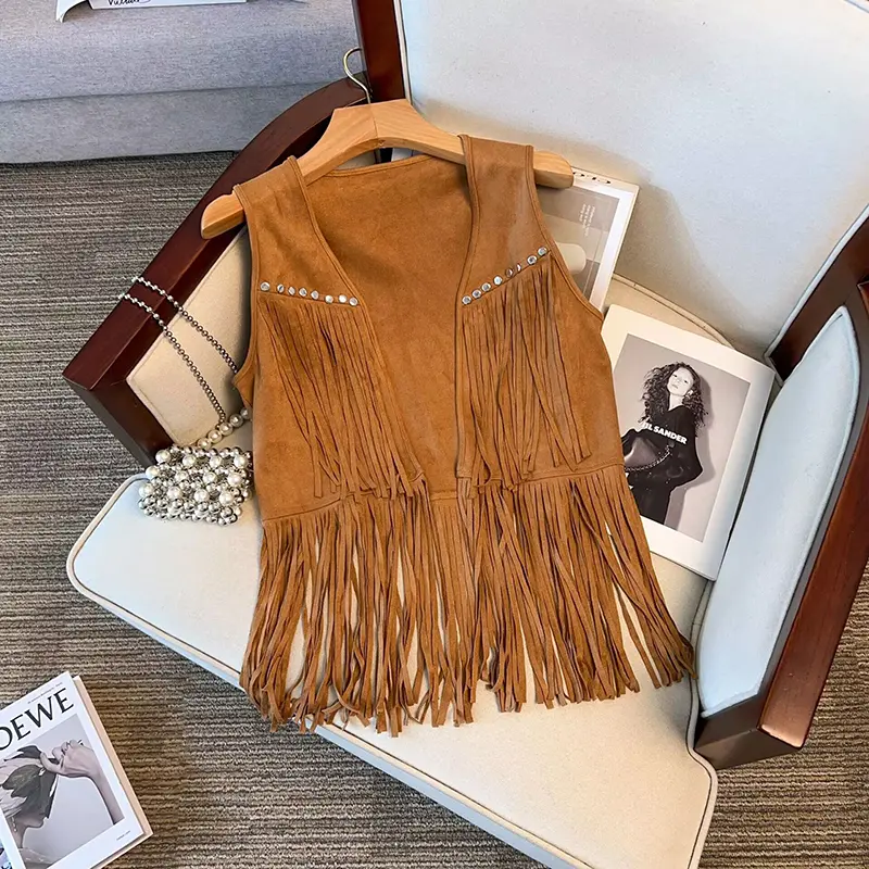 Retro Western Cowboy Style Desert Gobi Tank Top Brown Suede Tassel Vest Top