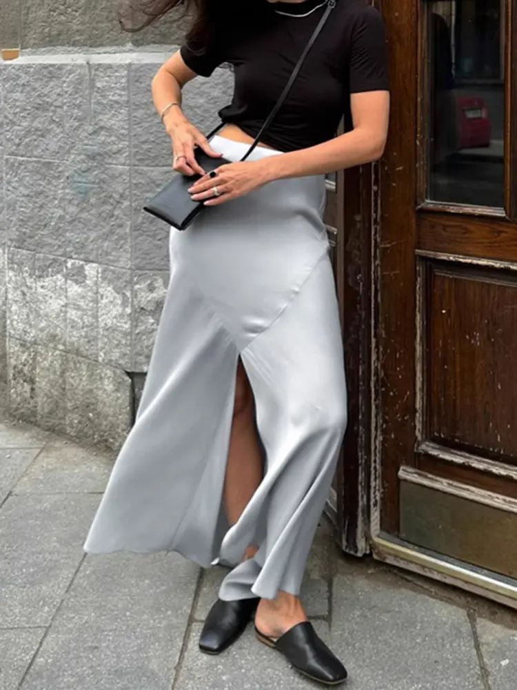 Satin Complexion Temperament Split Fork half Skirt Autumn and Winter Fashion A-line Long Skirt for Women
