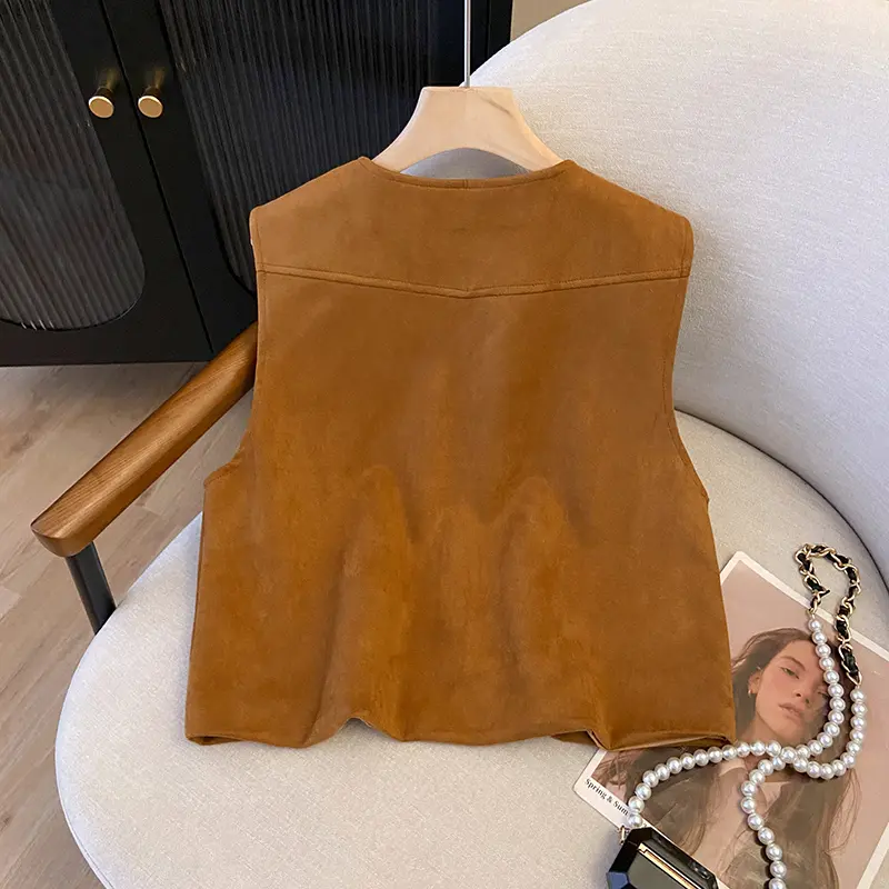 Retro Ethnic Style Brown Suede Retro Vest Women's V-neck Casual Short Jacket