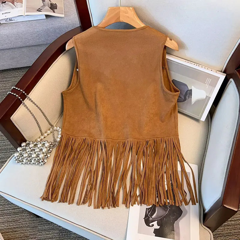 Retro Western Cowboy Style Desert Gobi Tank Top Brown Suede Tassel Vest Top