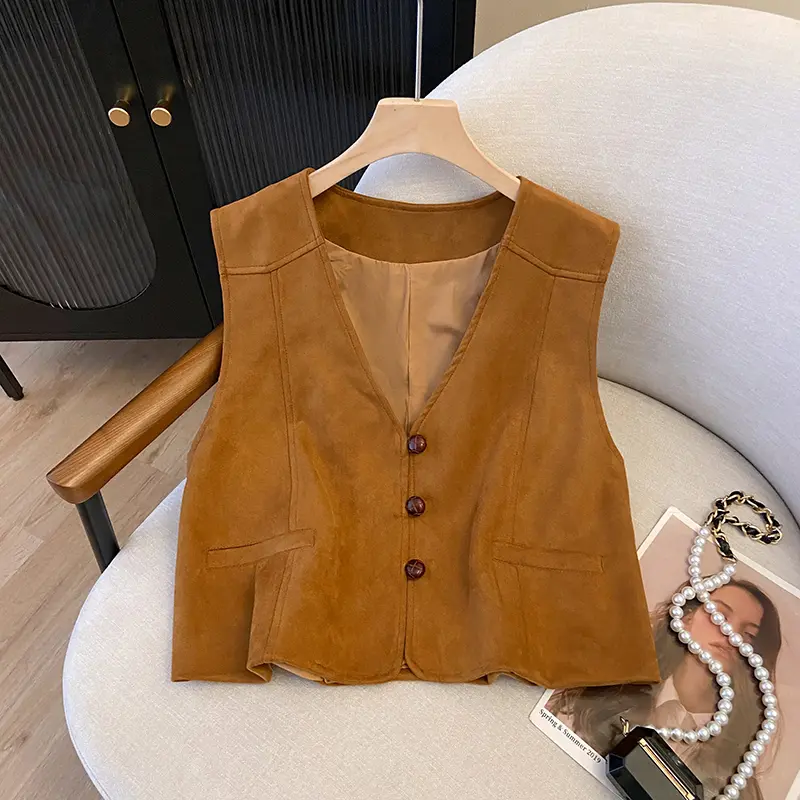 Retro Ethnic Style Brown Suede Retro Vest Women's V-neck Casual Short Jacket