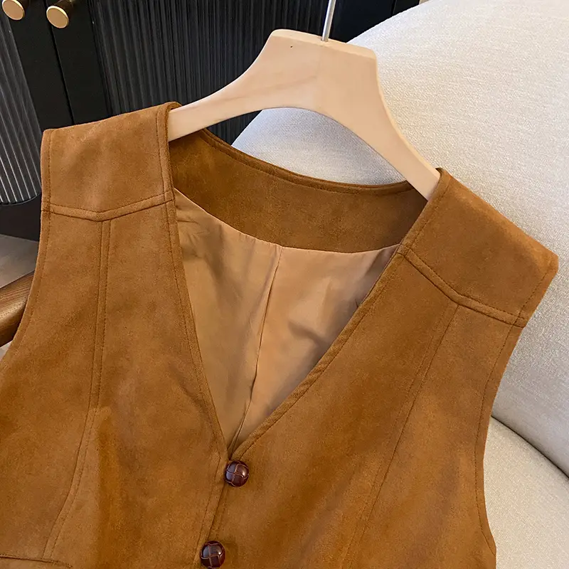 Retro Ethnic Style Brown Suede Retro Vest Women's V-neck Casual Short Jacket