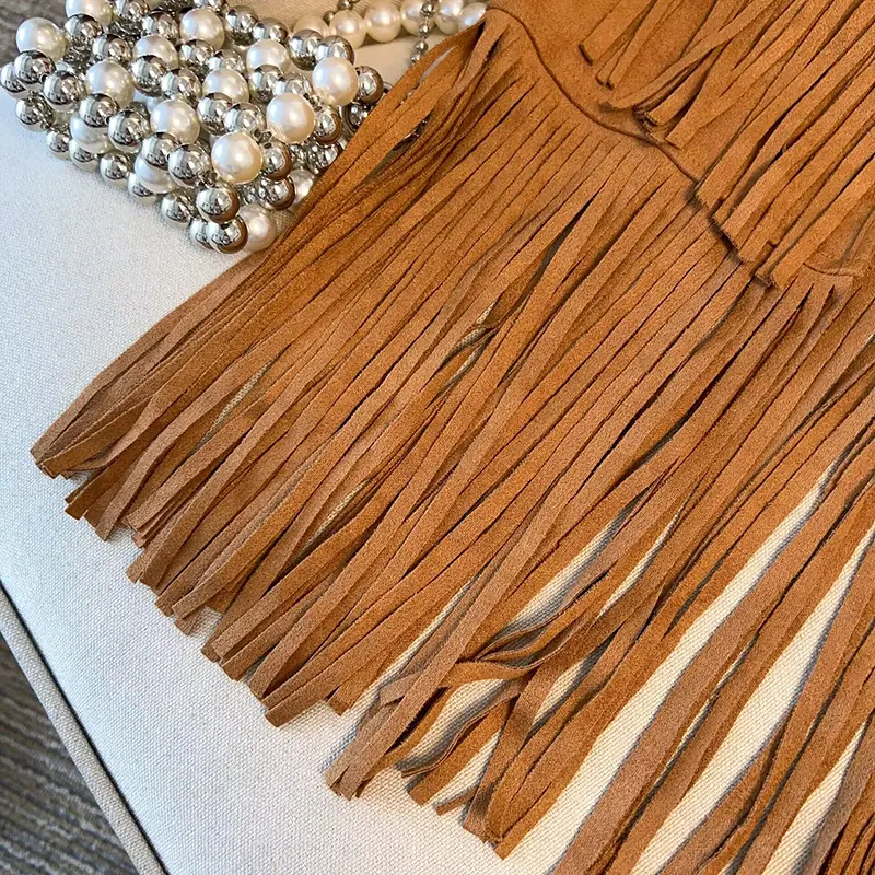 Retro Western Cowboy Style Desert Gobi Tank Top Brown Suede Tassel Vest Top