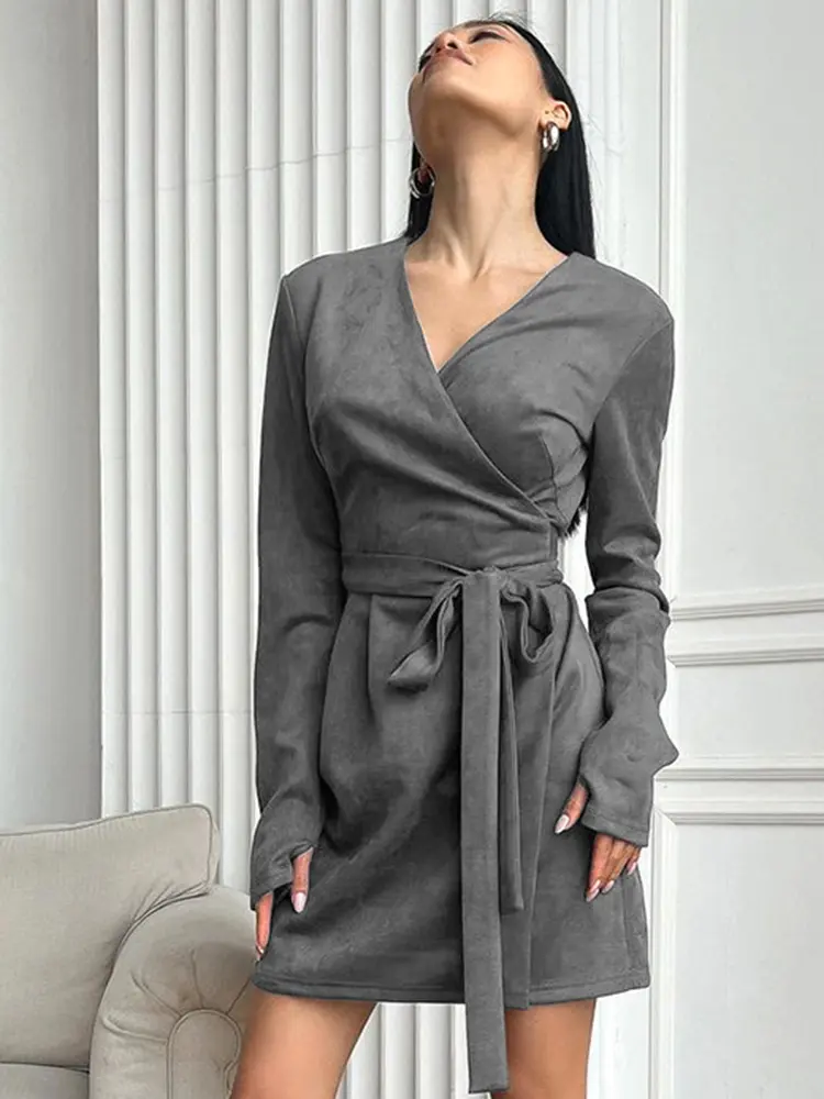 Maillard Style Suede New Long Sleeved Lace up Dress Autumn Fashion Frosted Short Skirt for Women
