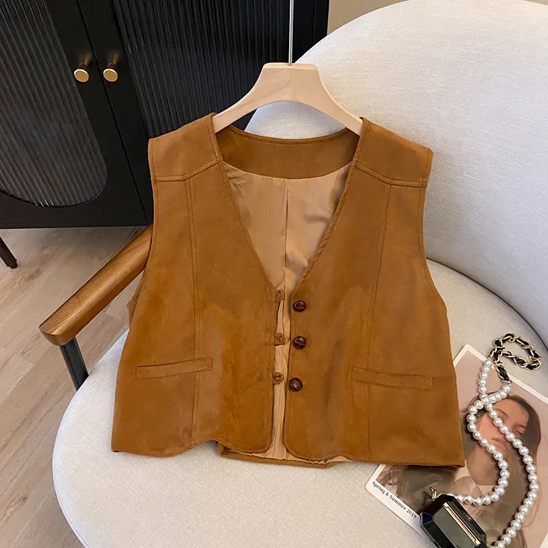 Retro Ethnic Style Brown Suede Retro Vest Women's V-neck Casual Short Jacket
