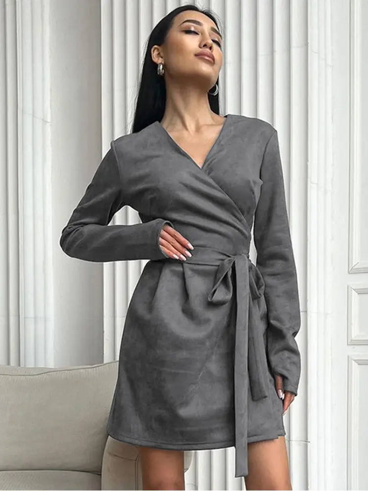 Maillard Style Suede New Long Sleeved Lace up Dress Autumn Fashion Frosted Short Skirt for Women