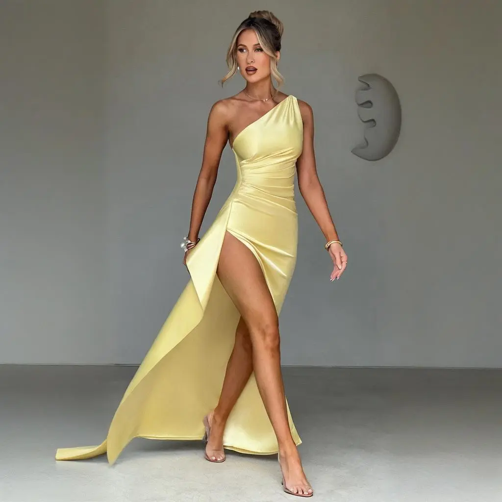 Summer Slant Neck Split Women's Solid Color Sexy Slimming Evening Dress