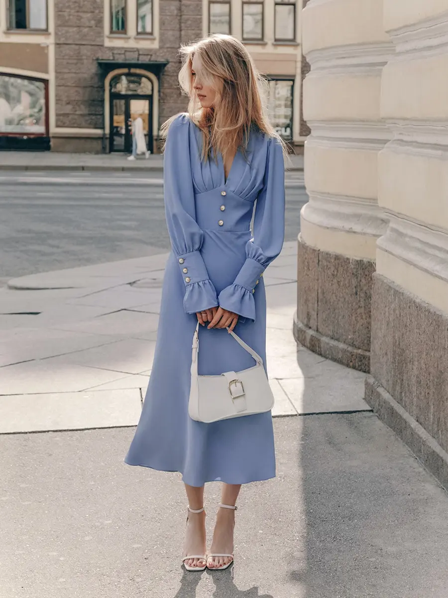 Fashionable Design V-neck Dress Autumn Simple Slim Fit A-line Skirt Women's French Chiffon Mid Length Skirt