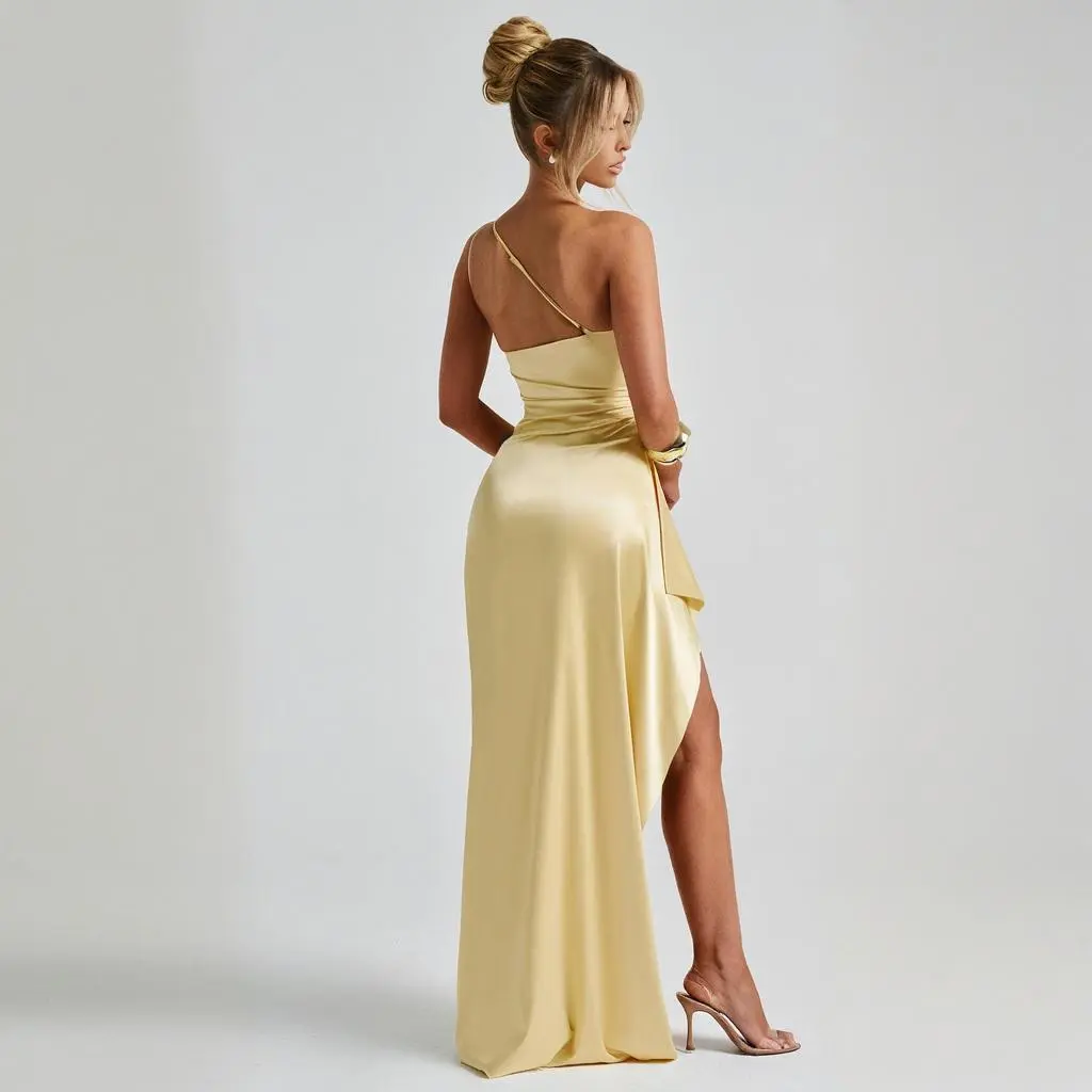 Summer Slant Neck Split Women's Solid Color Sexy Slimming Evening Dress