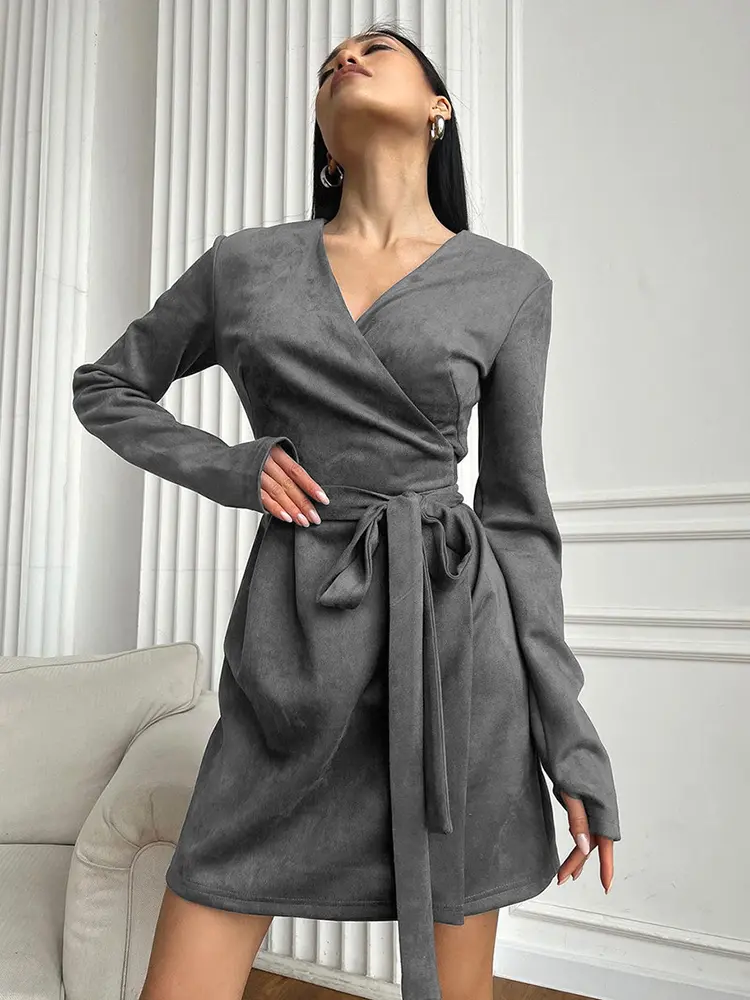 Maillard Style Suede New Long Sleeved Lace up Dress Autumn Fashion Frosted Short Skirt for Women