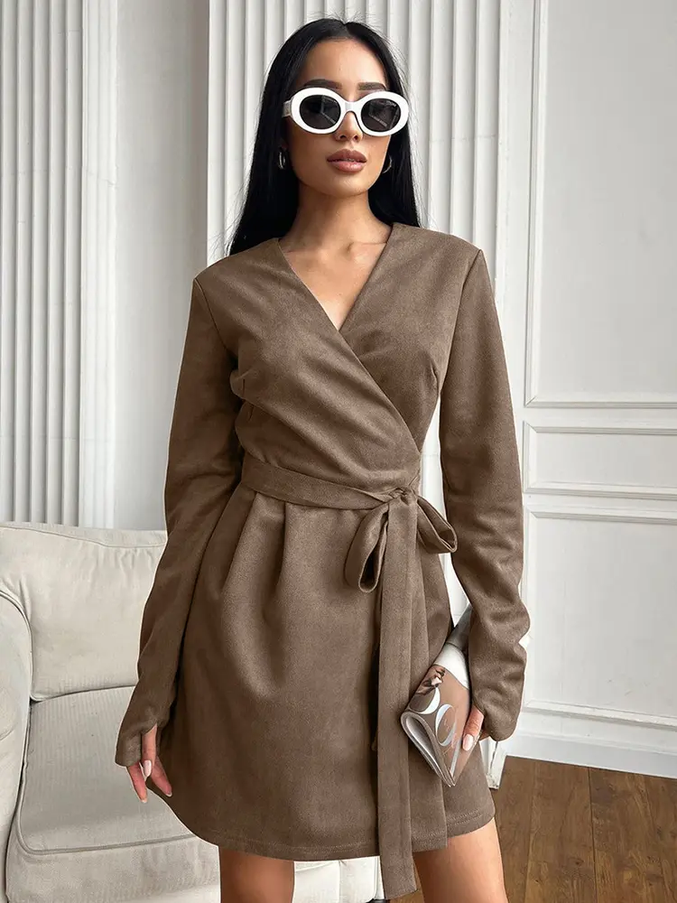 Maillard Style Suede New Long Sleeved Lace up Dress Autumn Fashion Frosted Short Skirt for Women