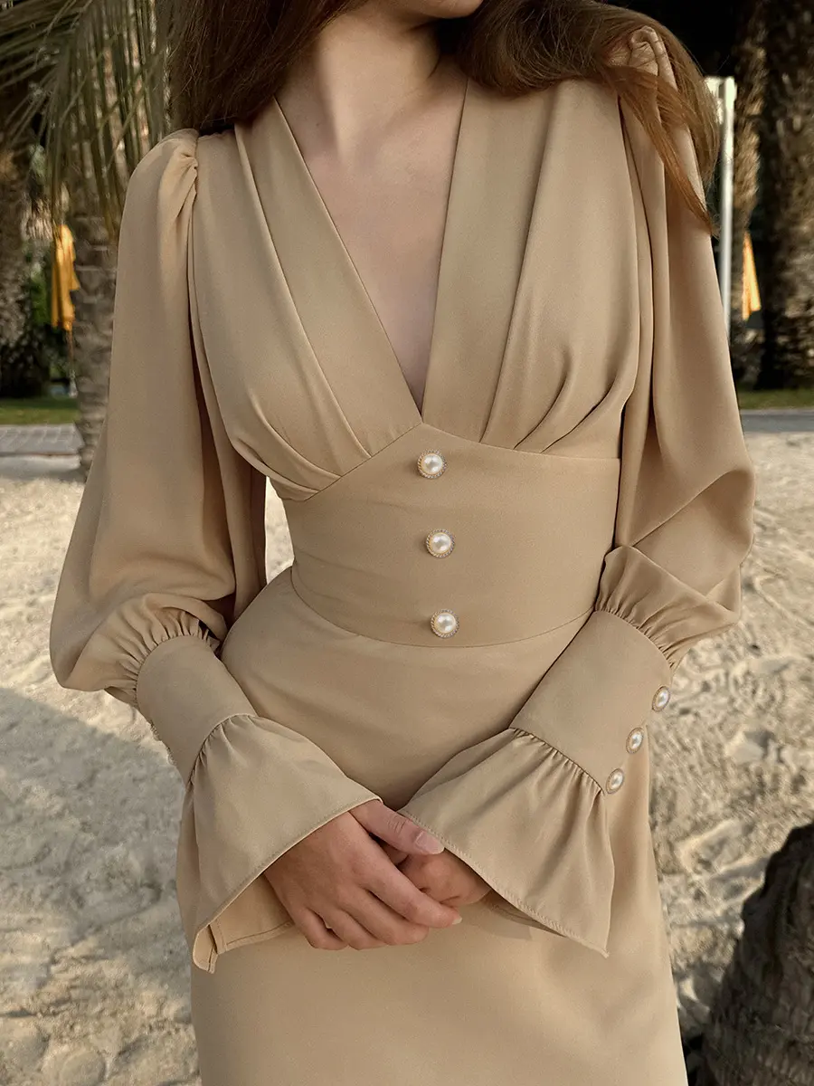 Fashionable Design V-neck Dress Autumn Simple Slim Fit A-line Skirt Women's French Chiffon Mid Length Skirt