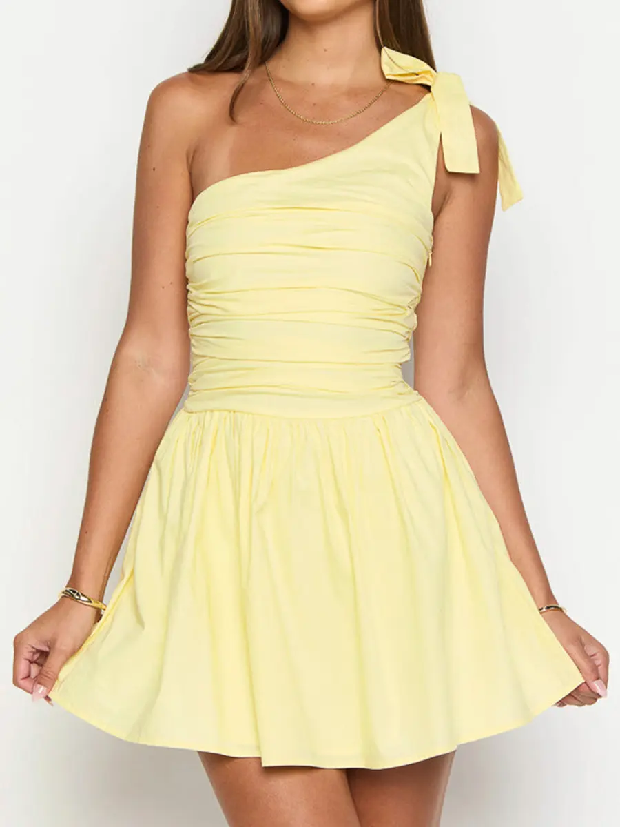 Fashion Women's Slanted Shoulder Bow Pleated Slim Fit Summer Dress Women's Yellow Short Skirt Sweet and Spicy Style Skirt