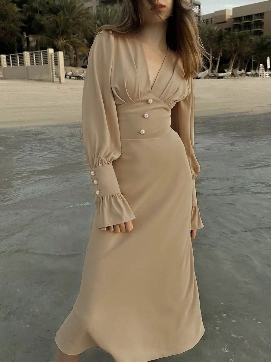 Fashionable Design V-neck Dress Autumn Simple Slim Fit A-line Skirt Women's French Chiffon Mid Length Skirt