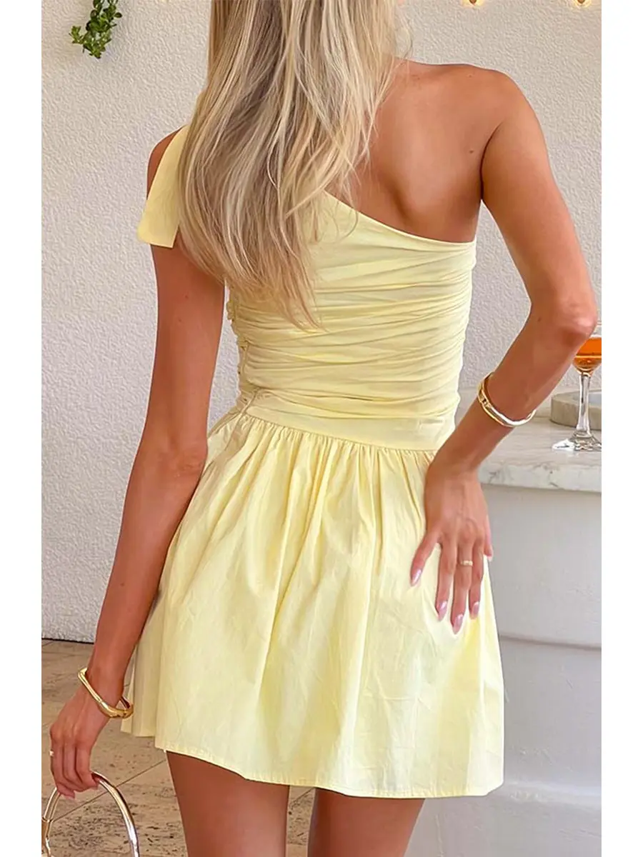 Fashion Women's Slanted Shoulder Bow Pleated Slim Fit Summer Dress Women's Yellow Short Skirt Sweet and Spicy Style Skirt