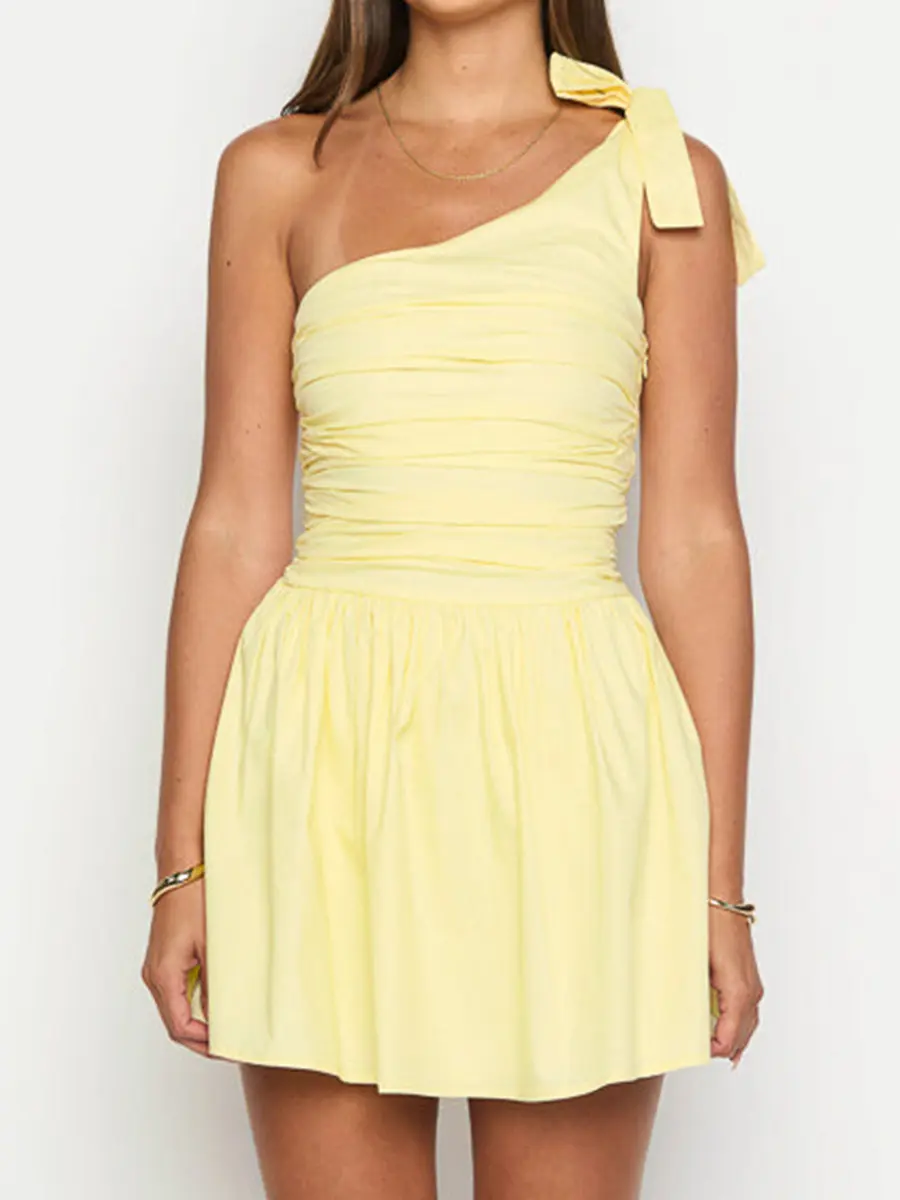 Fashion Women's Slanted Shoulder Bow Pleated Slim Fit Summer Dress Women's Yellow Short Skirt Sweet and Spicy Style Skirt