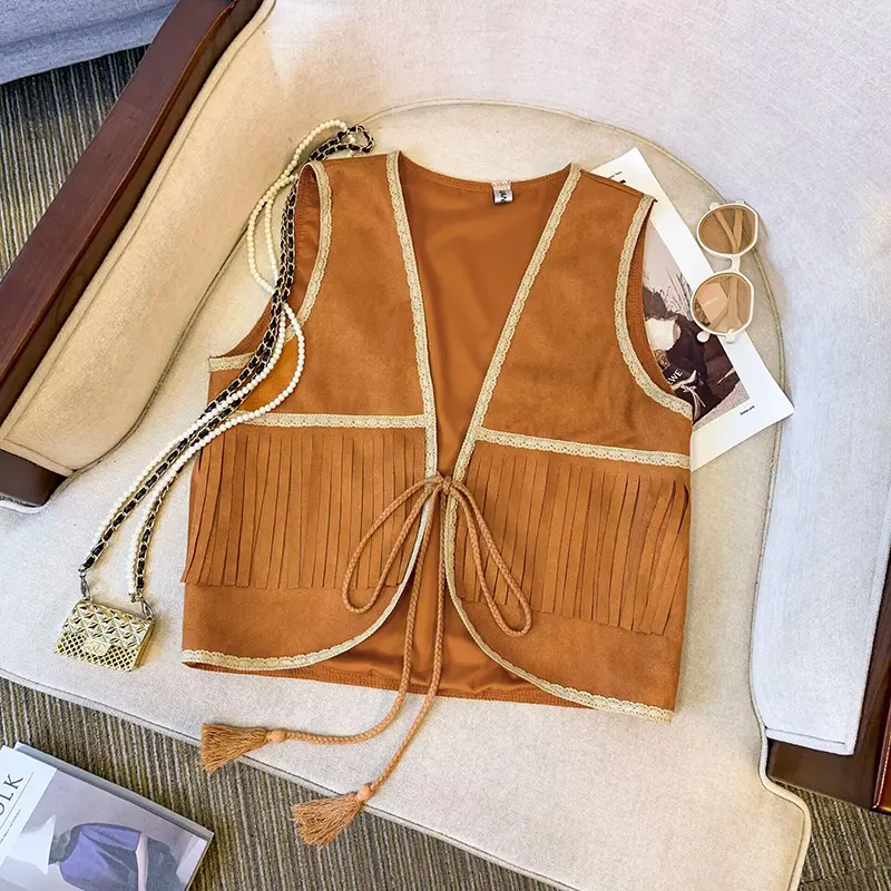 Retro Ethnic Style Short Travel Outwear Lace Up Tank Top Vest Versatile Sweetheart Buckskin Fleece Denim Tassel Vest