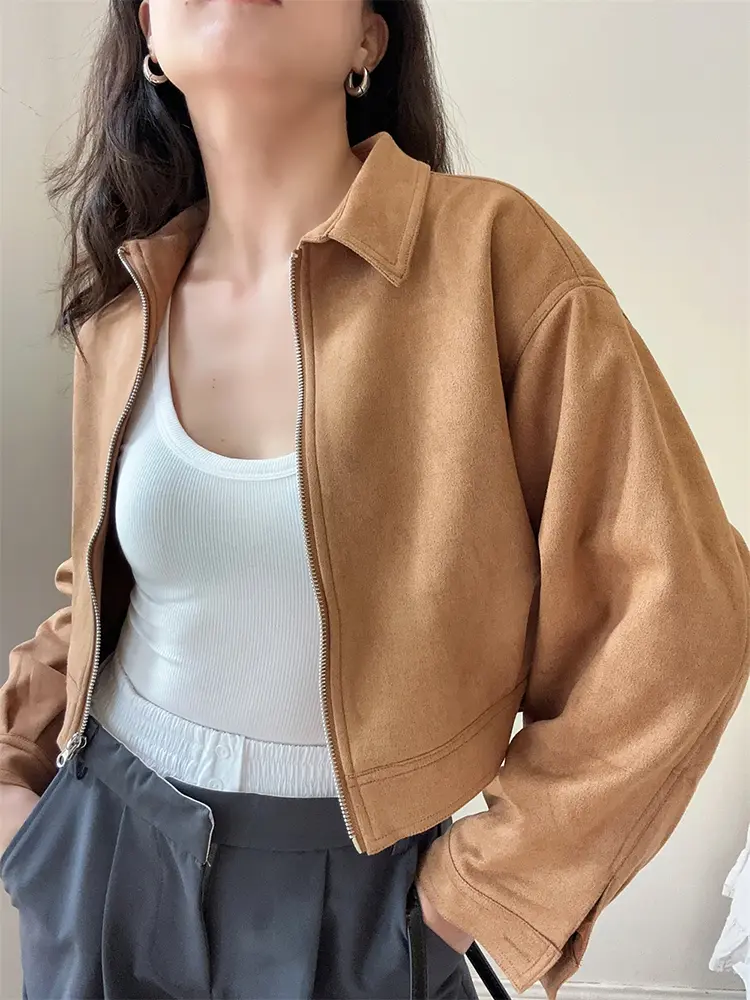 American Retro College Style Handsome Lapel Short Jacket Women's Zipper Loose Suede Jacket