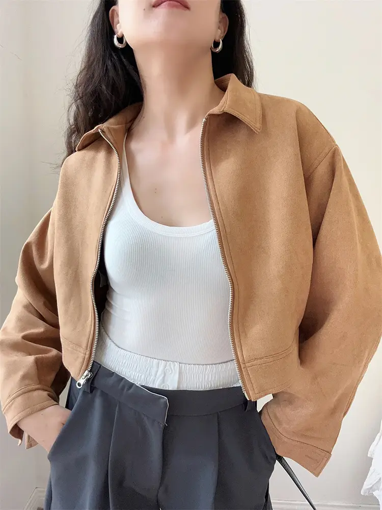 American Retro College Style Handsome Lapel Short Jacket Women's Zipper Loose Suede Jacket