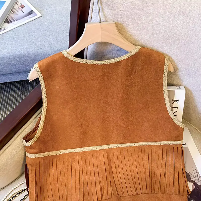 Retro Ethnic Style Short Travel Outwear Lace Up Tank Top Vest Versatile Sweetheart Buckskin Fleece Denim Tassel Vest