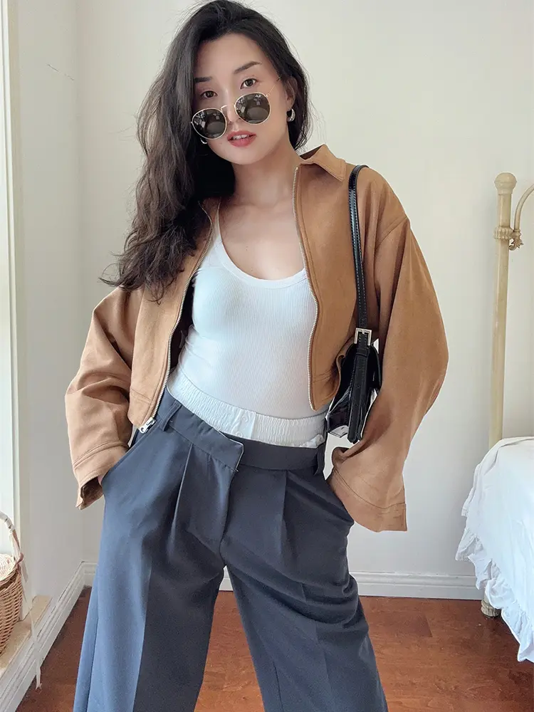 American Retro College Style Handsome Lapel Short Jacket Women's Zipper Loose Suede Jacket