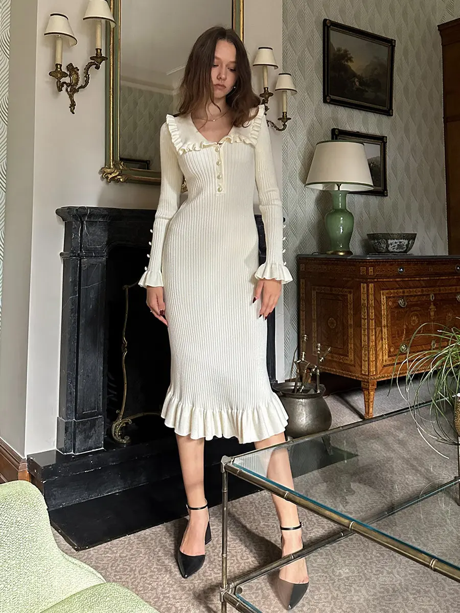 Lotus Leaf Edge Dress Knitted Skirt Autumn and Winter New Retro Lady French Dress