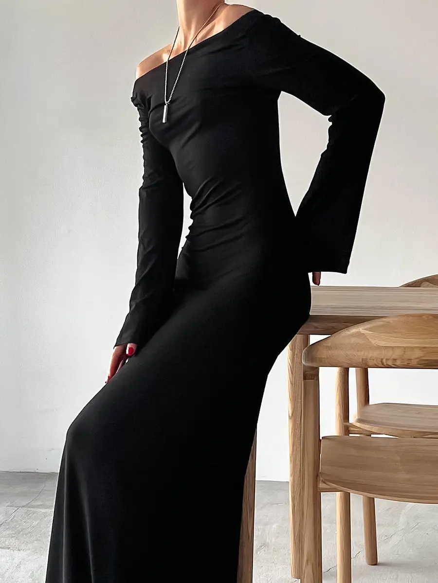 Sexy Black Off Shoulder One Neck Long Dress Knitted Long Sleeved Slim Fit Dress Autumn Outfit for Women