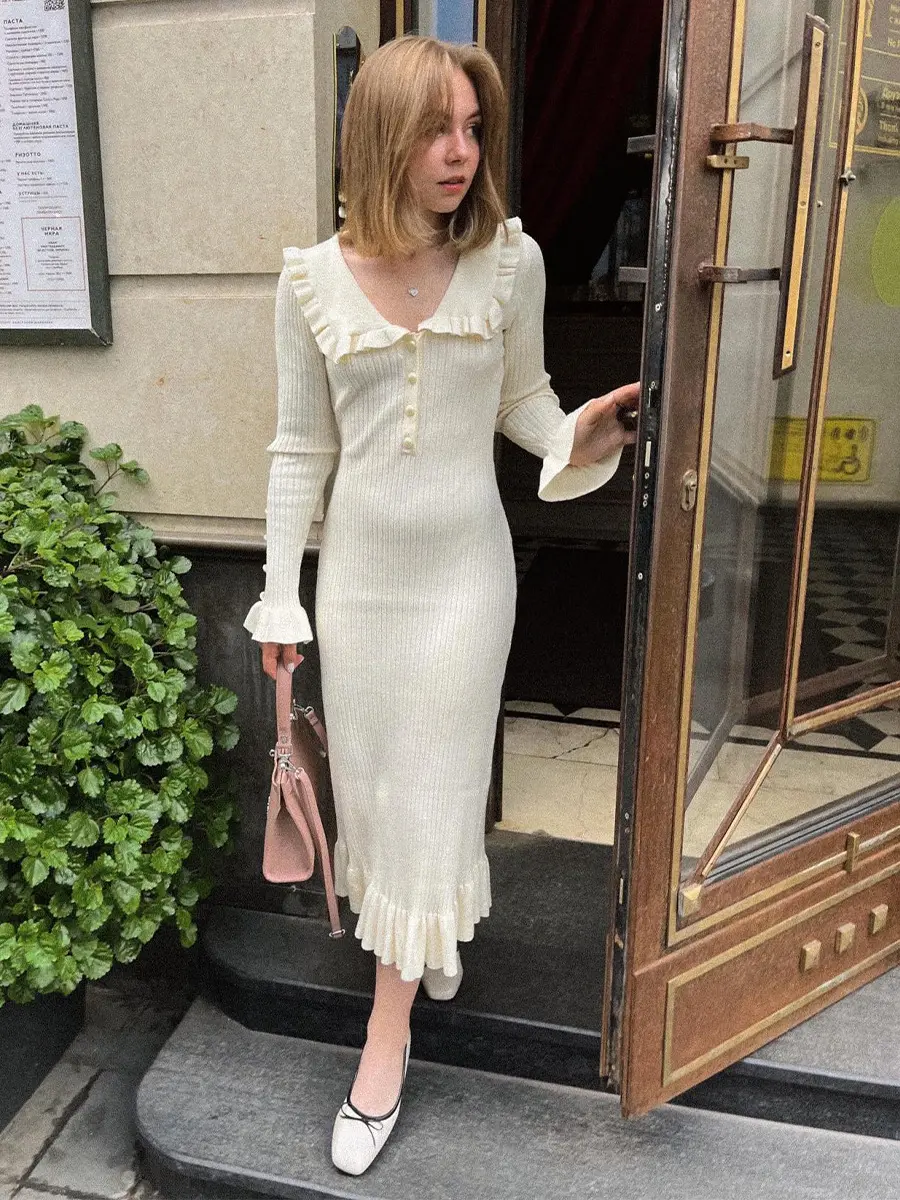 Lotus Leaf Edge Dress Knitted Skirt Autumn and Winter New Retro Lady French Dress