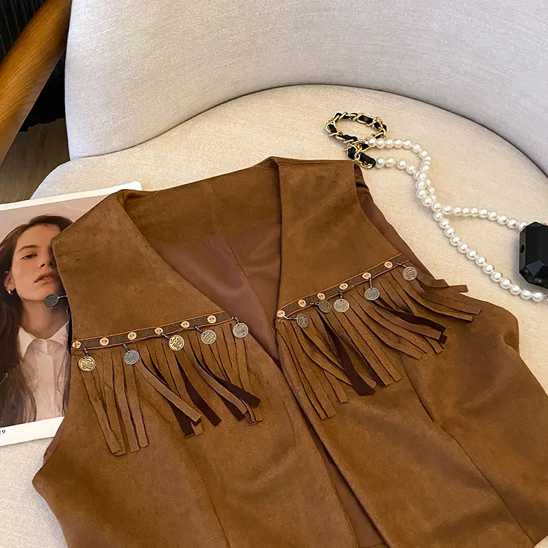 Bohemian Sequin Embroidered Tassel Vest Women's Retro Cardigan Vest Brown Suede Top