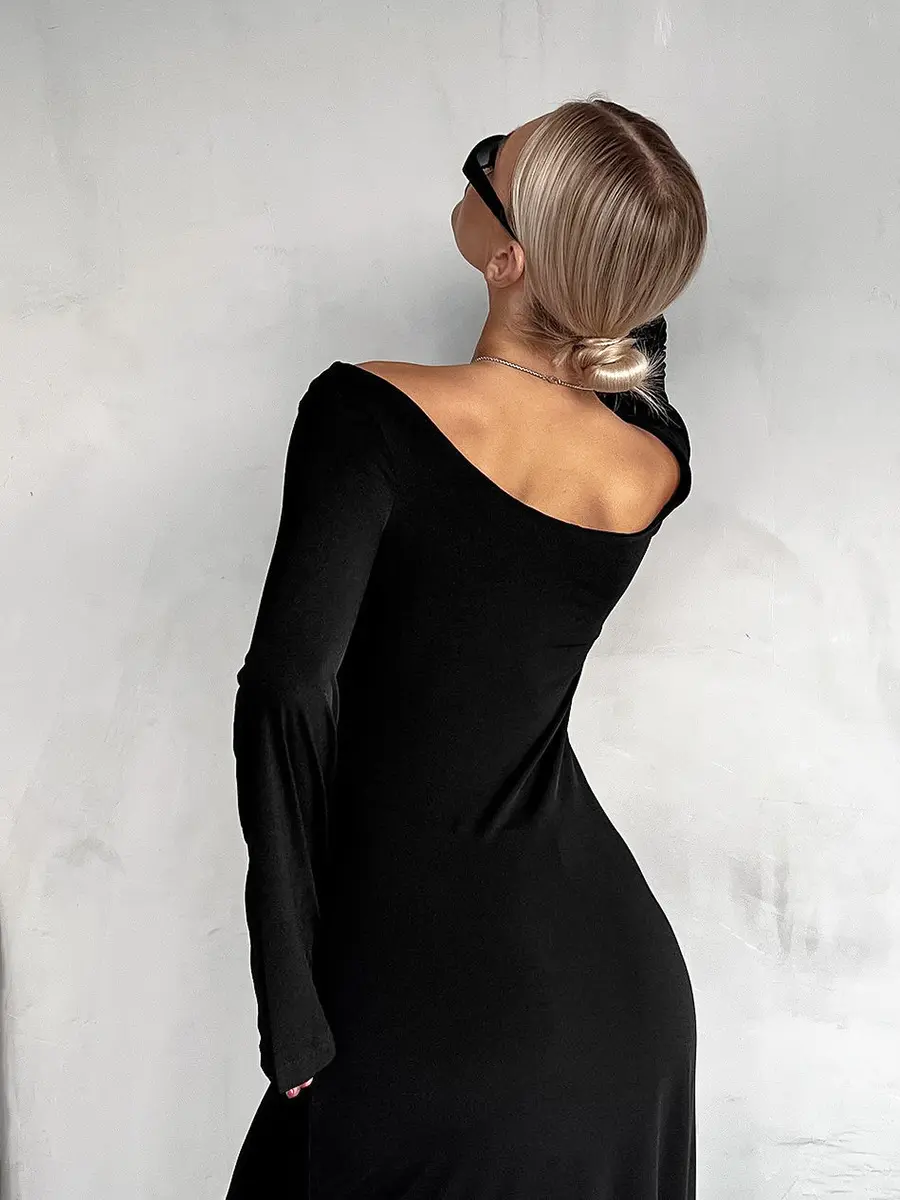 Sexy Black Off Shoulder One Neck Long Dress Knitted Long Sleeved Slim Fit Dress Autumn Outfit for Women