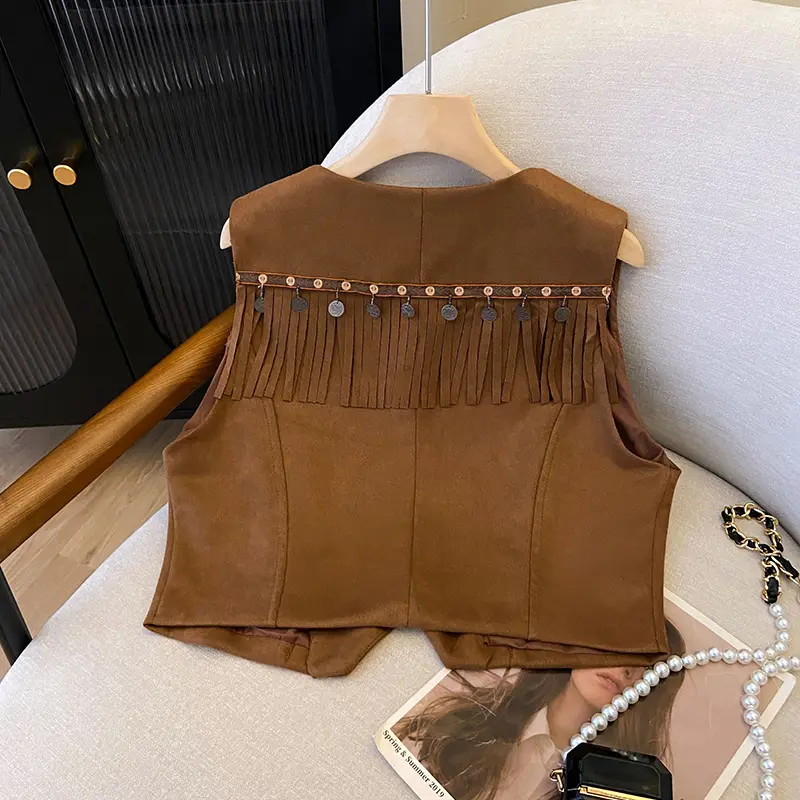 Bohemian Sequin Embroidered Tassel Vest Women's Retro Cardigan Vest Brown Suede Top