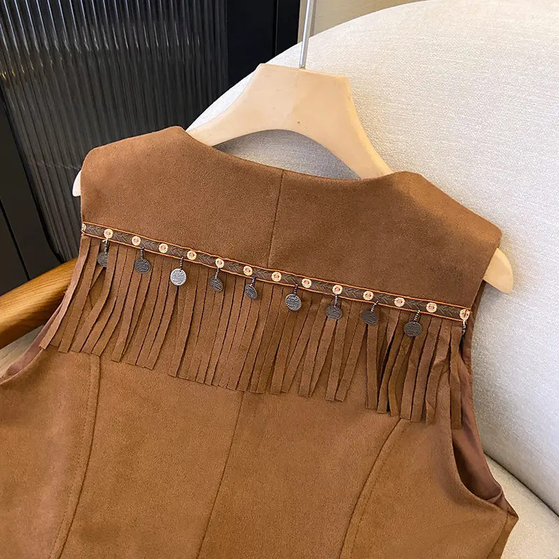 Bohemian Sequin Embroidered Tassel Vest Women's Retro Cardigan Vest Brown Suede Top