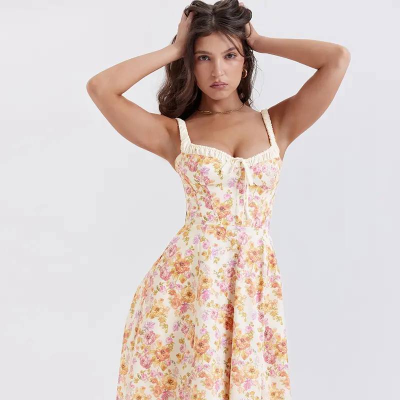 French Platycodon Fragmented Flower Square Neck Strap Dress Women's Summer Texture Print High Waist Mid Length Dress