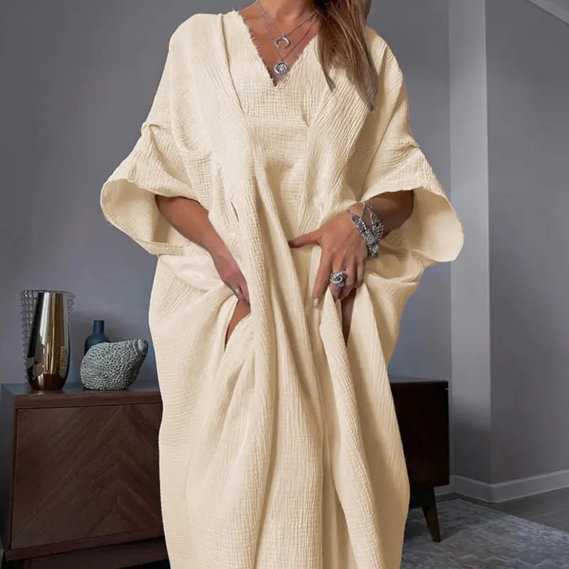 New Cotton Wrinkled Fabric V-neck Hoodie Long Skirt Loose Breathable Dress Women's Wear