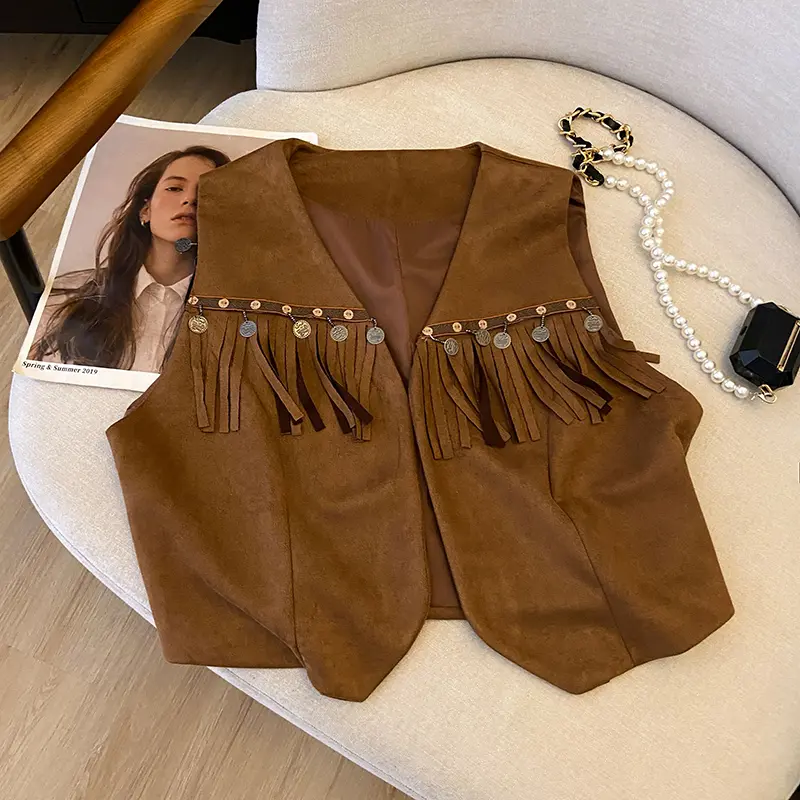 Bohemian Sequin Embroidered Tassel Vest Women's Retro Cardigan Vest Brown Suede Top