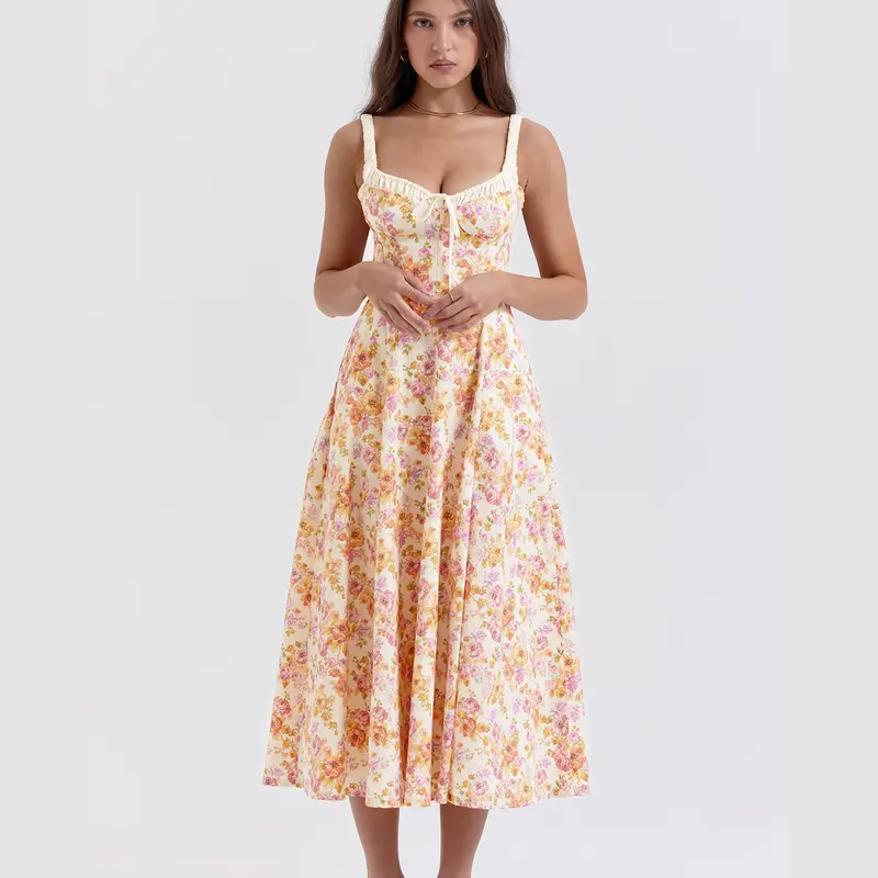 French Platycodon Fragmented Flower Square Neck Strap Dress Women's Summer Texture Print High Waist Mid Length Dress