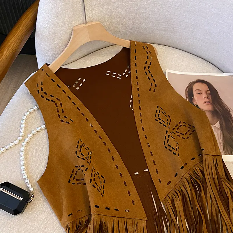 Ethnic Style Diamond Shaped Hollow Out Tassel Vest Outerwear Bohemian Style Travel Vest