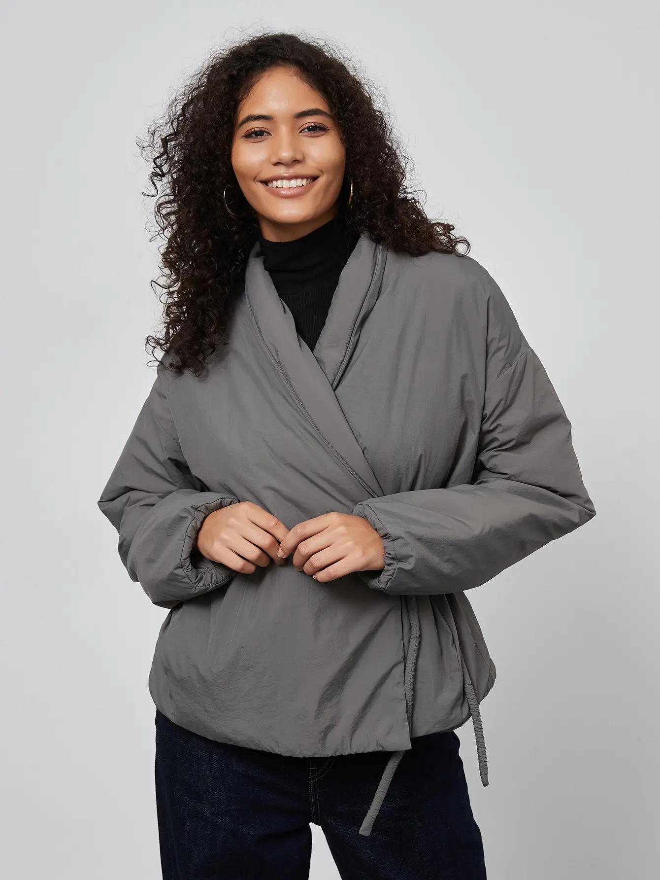 Women's Fashionable Double Breasted Lace Up Wrapped Cotton Jacket Solid Color Cotton Jacket Winter