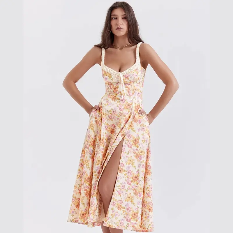 French Platycodon Fragmented Flower Square Neck Strap Dress Women's Summer Texture Print High Waist Mid Length Dress